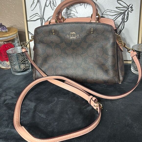 Coach mini Lillie carryall purse brown signature C cream pink tote crossbody - Picture 1 of 9